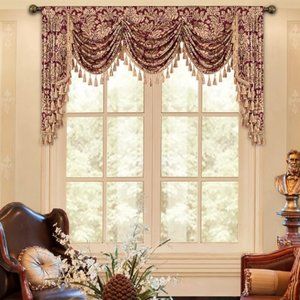 Loom & Mill Luxury Jacquard Waterfall Valance, Burgandy Red Swag Curtains